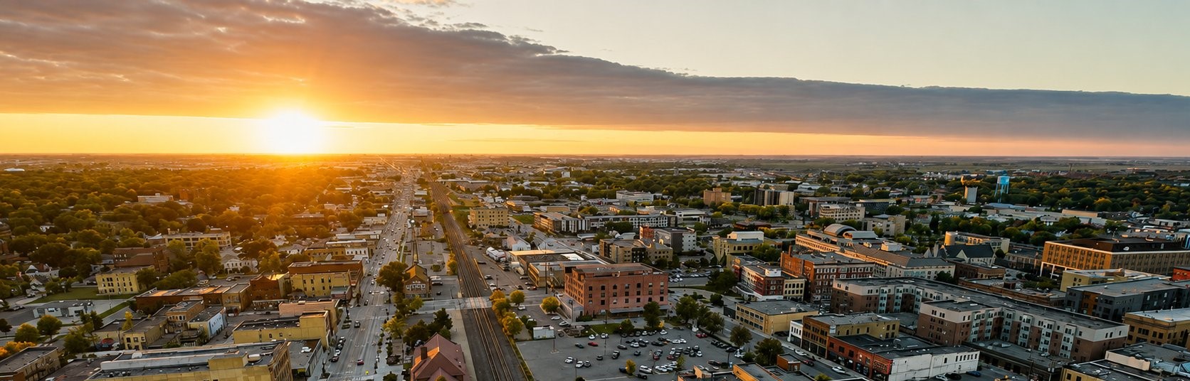 Aerial view of downtown Fargo at sunset with the rail corridor, brick storefronts, and flat prairie stretching to the horizon, North Dakota