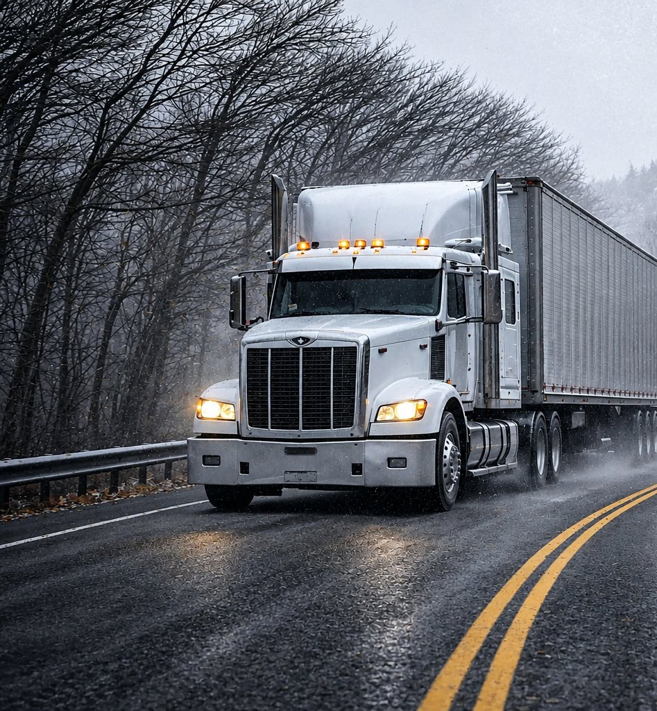 White semi truck pulling a trailer through sleet on a wet highway lined with bare winter trees, full truckload freight to North Dakota