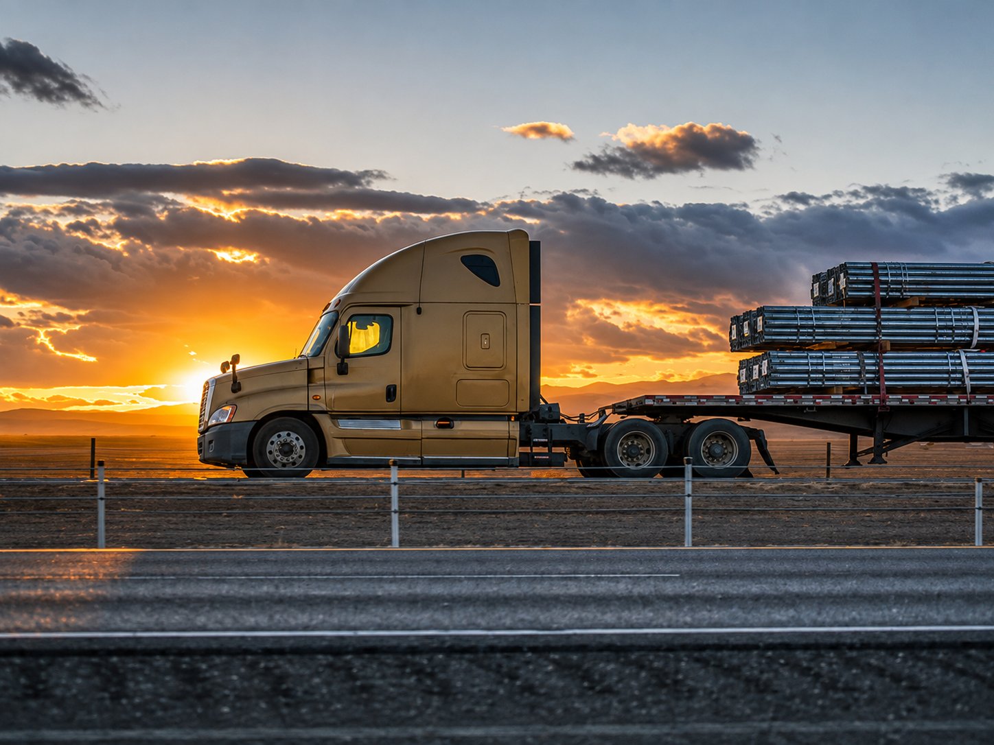 Gold semi truck hauling bundled steel pipe on a flatbed trailer at sunset, full truckload freight to Rhode Island