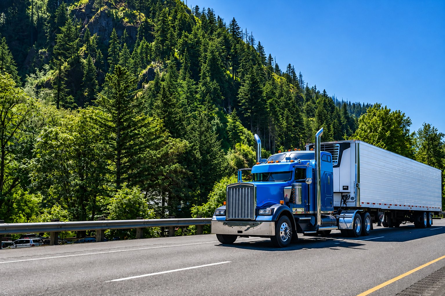 Blue semi truck pulling a refrigerated trailer along a highway beneath a steep evergreen mountainside, full truckload freight to Utah