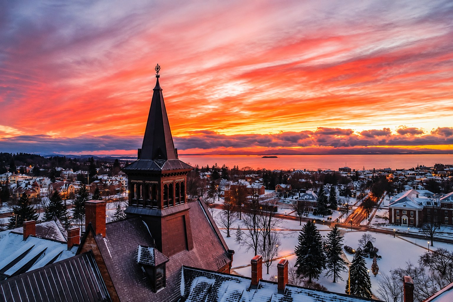 Snow-covered Burlington at sunset from the hill with Lake Champlain and the Adirondacks across the water, Vermont