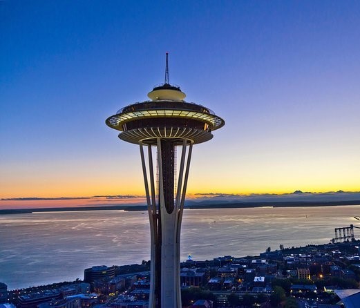 Space Needle at dusk overlooking Elliott Bay and the Seattle waterfront, Washington