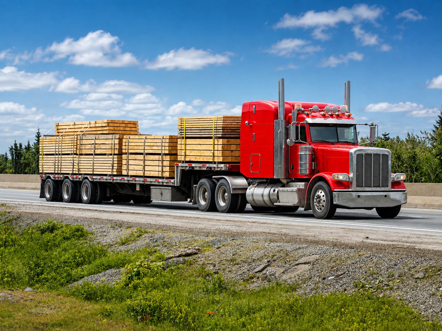 Red semi truck hauling a flatbed load of banded lumber on a highway