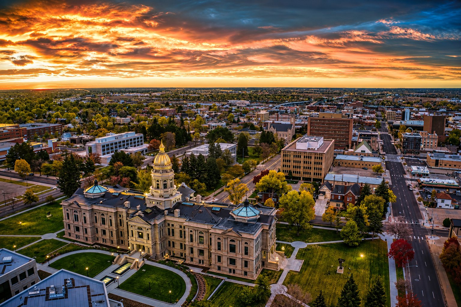 Aerial view of the Wyoming State Capitol gold dome and downtown Cheyenne at sunset