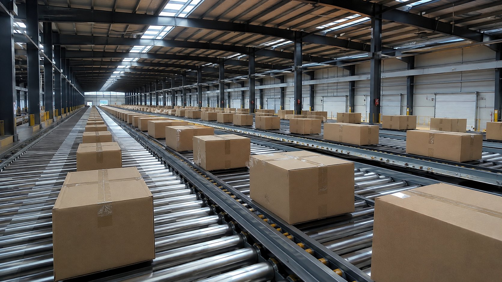 Cardboard boxes moving along parallel roller conveyor lines inside a large fulfillment center