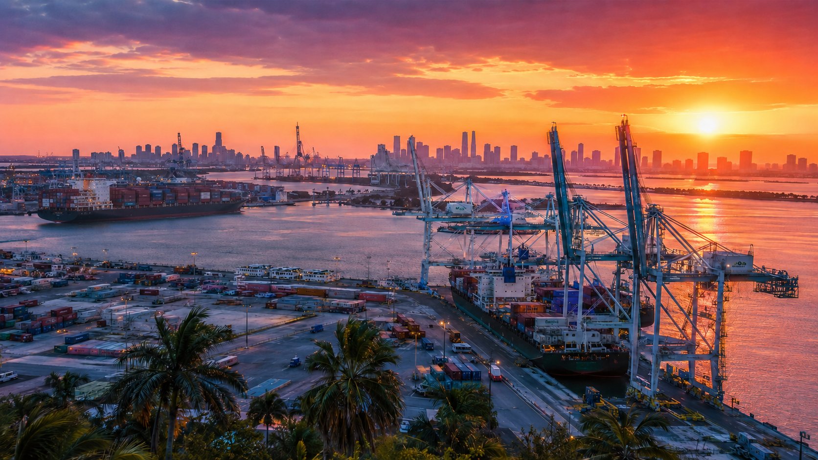Container terminal at the port, Miami Latin America gateway freight receiving