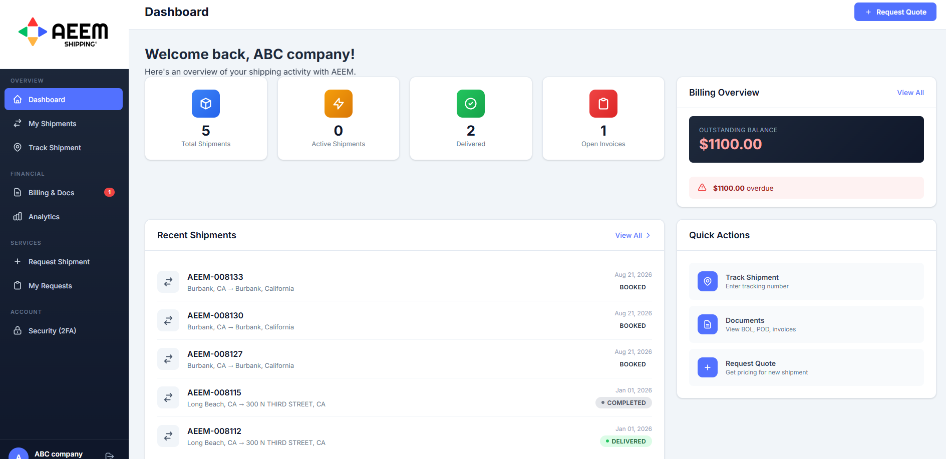 Portal dashboard showing shipment counts, delivered loads, open invoices, outstanding balance, and a recent shipments list in the AEEM Shipping customer portal.