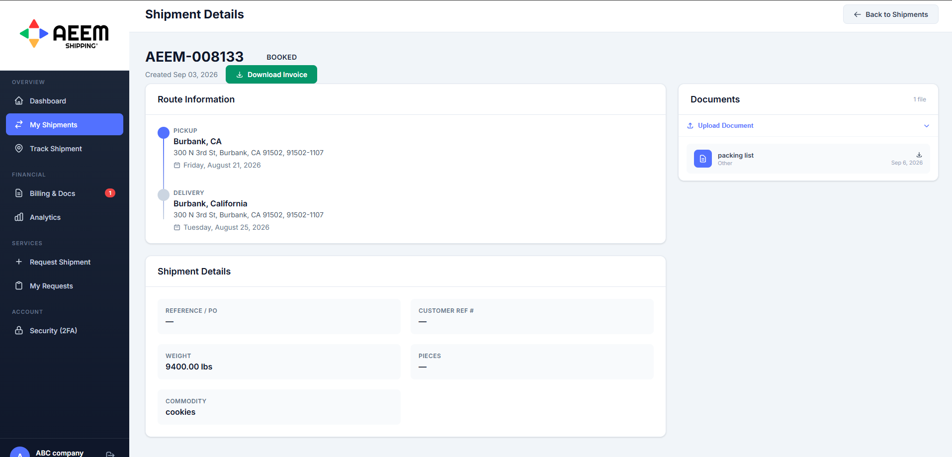 Shipment detail screen showing pickup and delivery addresses, scheduled dates, weight, commodity, and an attached document panel in the AEEM Shipping customer portal.