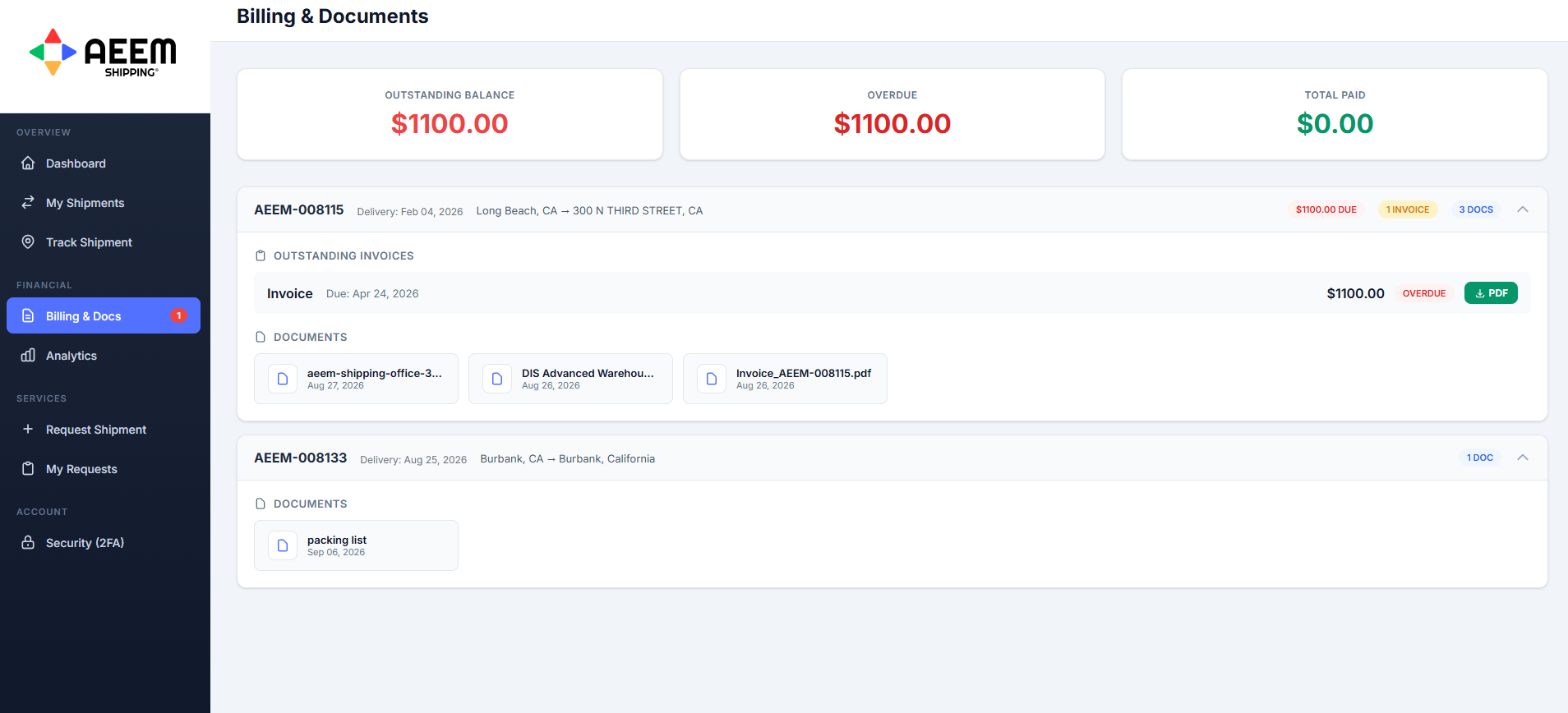 Billing screen showing outstanding balance, overdue total, amount paid, and downloadable invoice PDFs grouped by shipment in the AEEM Shipping customer portal.