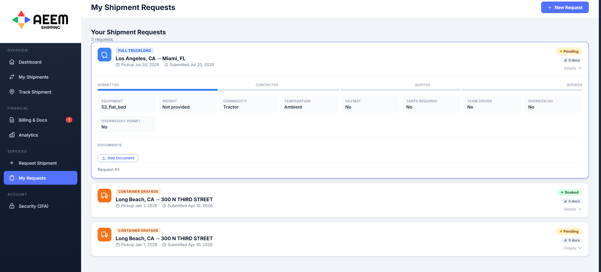Shipment request screen showing a Submitted to Contacted to Quoted to Booked progress bar with equipment, commodity, and permit fields in the AEEM Shipping customer portal.