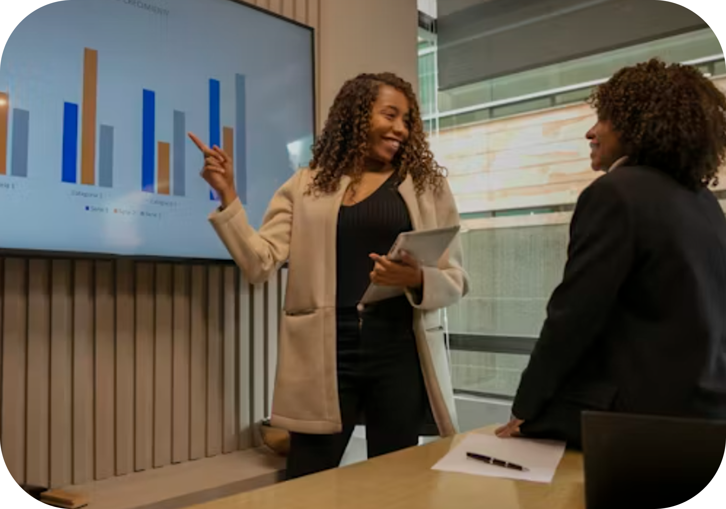 Professionals discussing over stats