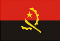Flag of Angola with horizontal red and black stripes and a yellow half gear wheel, machete, and star emblem.