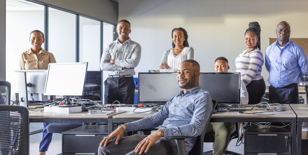 A group of professionals in a corporate environment