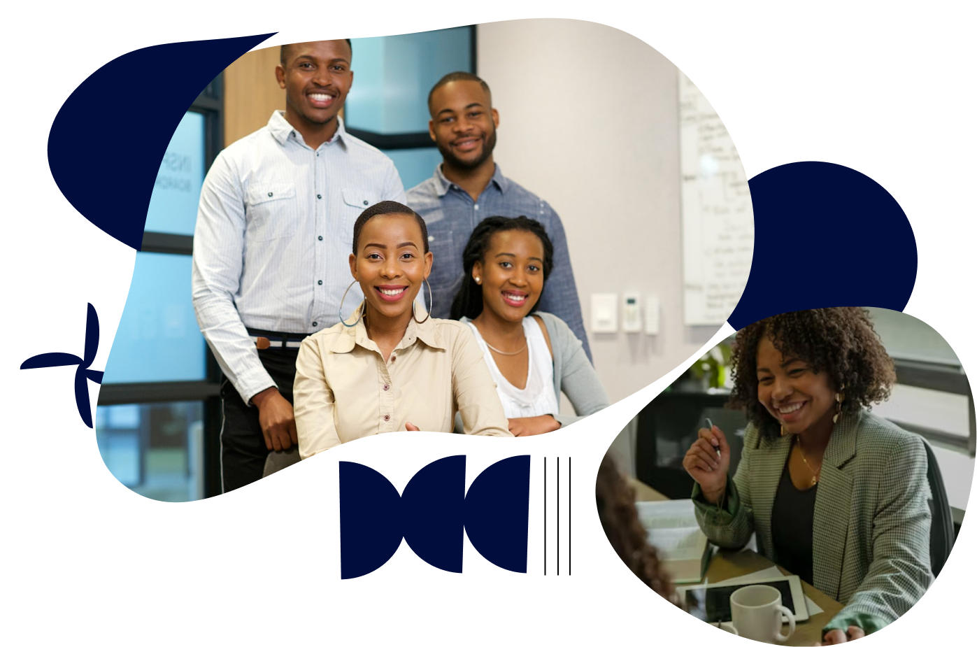 Four smiling colleagues posing together in an office and a woman with curly hair smiling during a meeting at a desk.