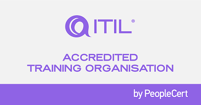 ITIL logo with text stating Accredited Training Organisation by PeopleCert on a purple and light gray background.