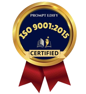 Blue and gold ISO 9001:2015 certified badge with red ribbon from Prompt Edify.