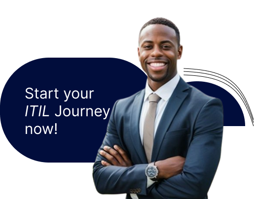 Smiling businessman in a suit with arms crossed next to text reading 'Start your ITIL Journey now!'