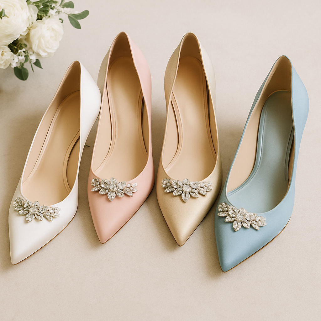 An elegant display of wedding shoes in various colors