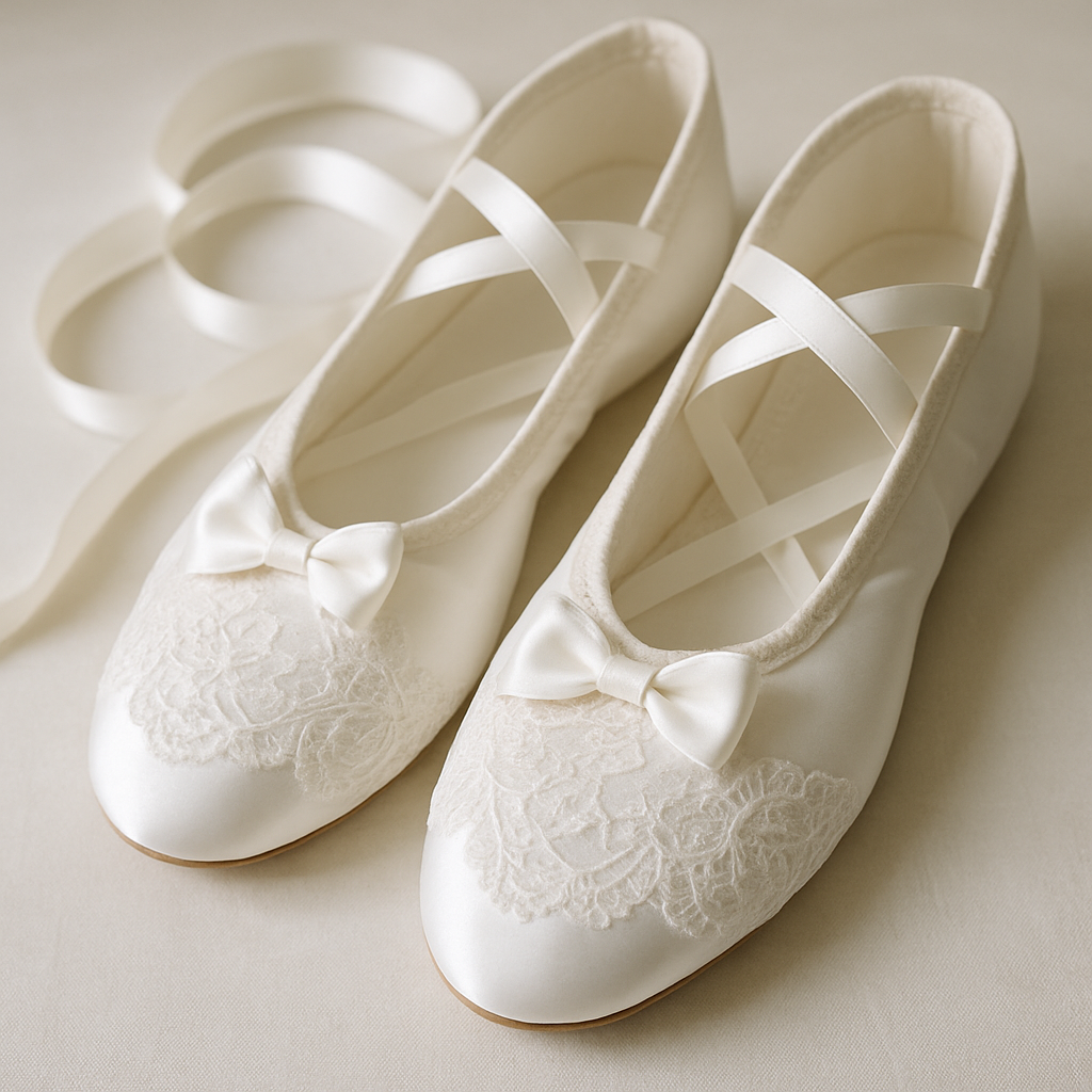 Elegant white ballet shoes with lace and satin
