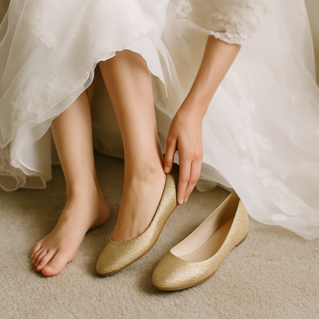 bride trying on gold flats