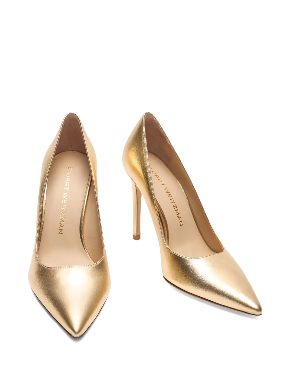 Stuart Weitzman 100mm Stuart Power Metallic Leather Pointed-Toe Pumps