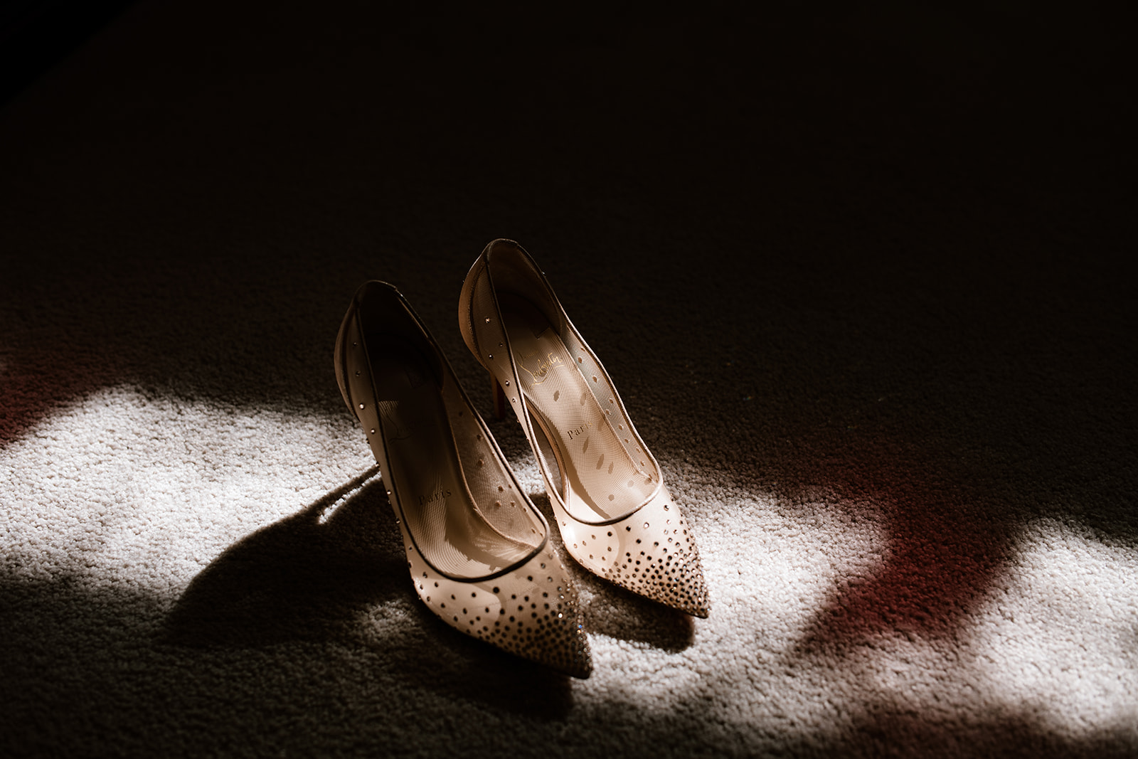 tan mesh designer wedding heels