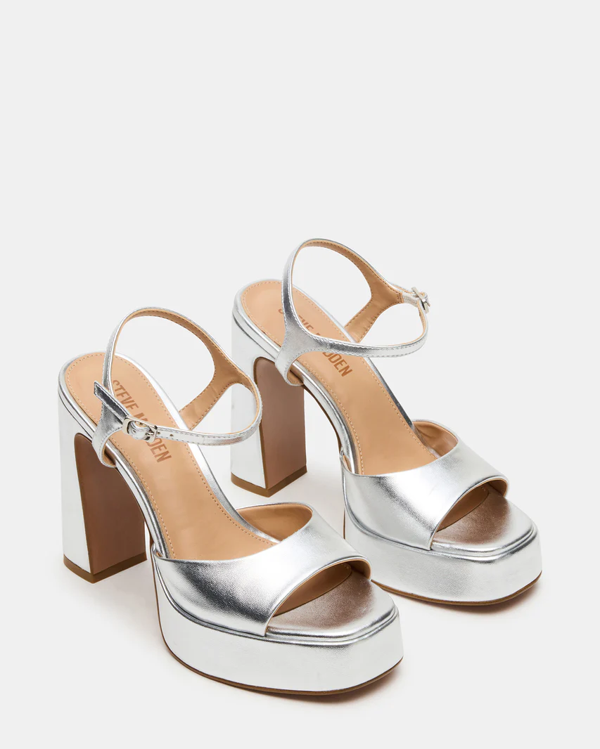 Steve Madden Liandra Silver Platform Square-Toe Strappy Heel