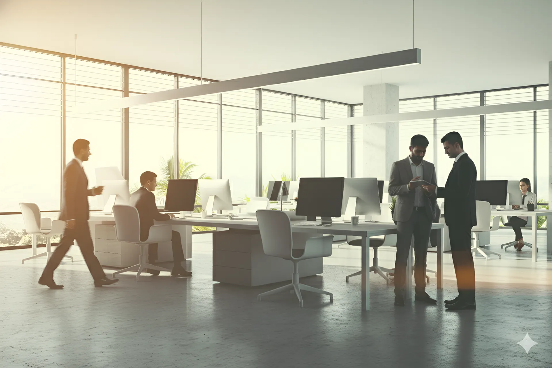 An office setting with people talking to each other