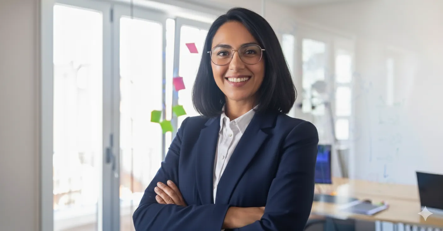 A woman wearing spectacles with her hands folded