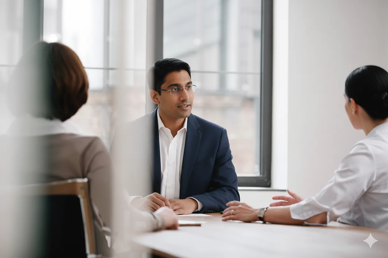 A man talking to two women sitting at a table