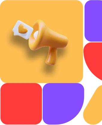 Oranžový megafon na žlutém pozadí s mluvním bublinkou obsahující oranžové srdce.