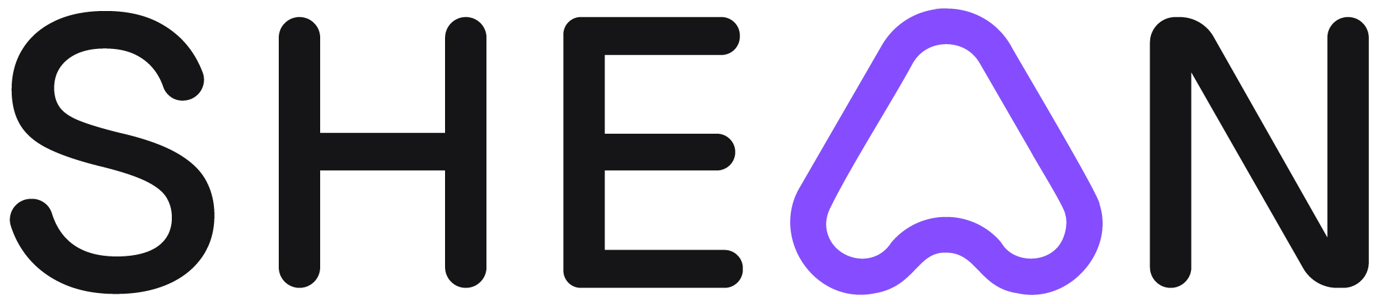 Logo s textem SHEAN, kde písmeno A je stylizováno jako fialové srdce.