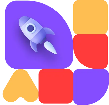 Ikona modré rakety na fialovém pozadí obklopená oranžovými a červenými zakulacenými tvary.