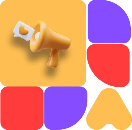 Oranžový megafon vysílající symbol srdce, obklopený červenými a fialovými geometrickými tvary na žlutém pozadí.