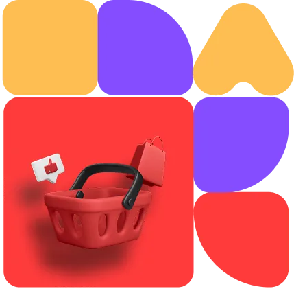 Červený nákupní košík s černou rukojetí, červená nákupní taška a ikona palce nahoru na červeném pozadí s žlutými a fialovými geometrickými tvary kolem.