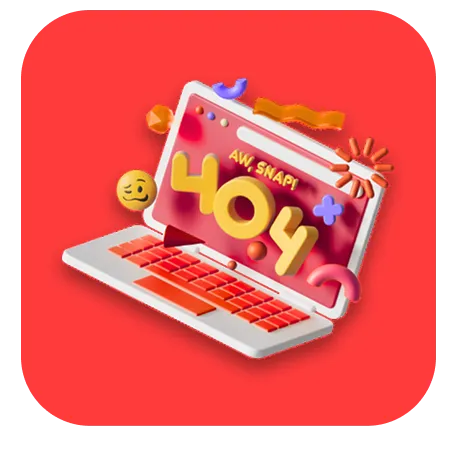 Ilustrace červeného notebooku se zprávou ‚AW, SNAP! 404‘ na obrazovce a různými emoji a dekorativními prvky kolem.