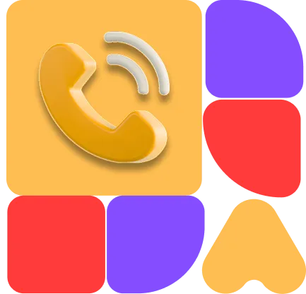 Ikona žlutého telefonu na oranžovém pozadí s abstraktními tvary v červené, fialové a oranžové barvě.