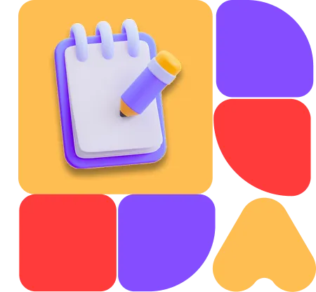 Ilustrace poznámkového bloku s modrofialovou tužkou na oranžovém pozadí vedle barevných tvarů.