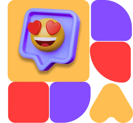 Usmívající se emoji se srdíčky místo očí uvnitř fialového rámečku ve žlutém čtverci, obklopené barevnými tvary červené, fialové a žluté barvy.