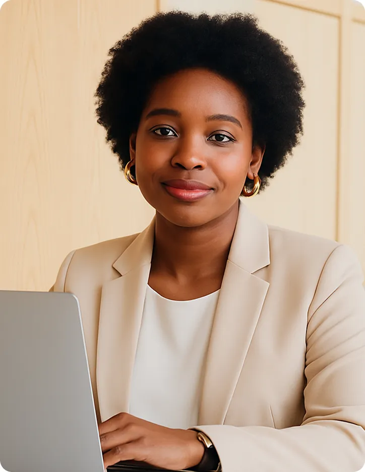 A woman smiling while working on a laptop in an office setting