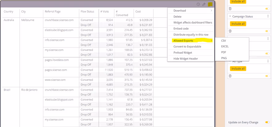 Control Exporting Options