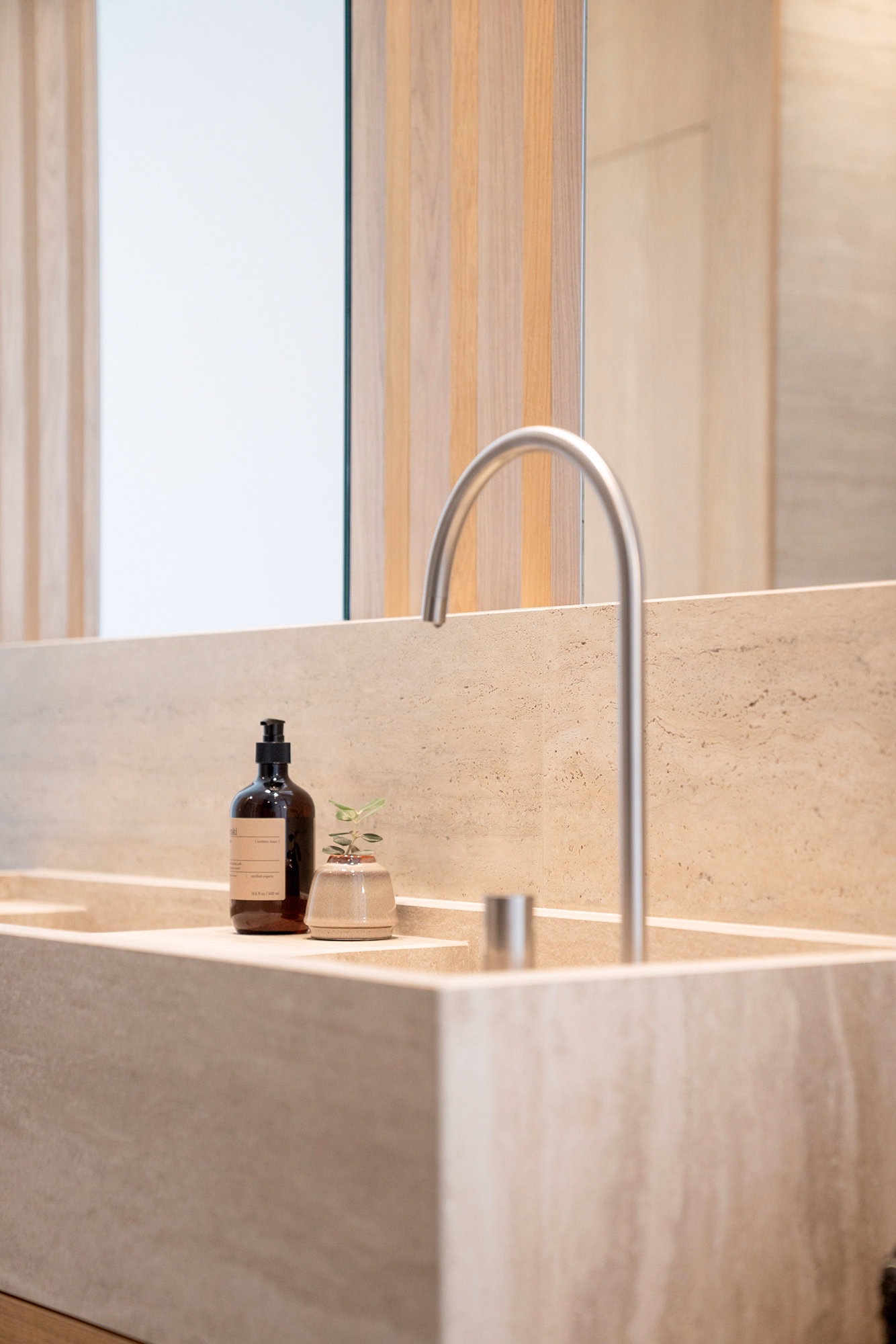 Modern bathroom with light oak details and walk-in shower at CASA ILIA townhouse in Aloha, Marbella, Spain
