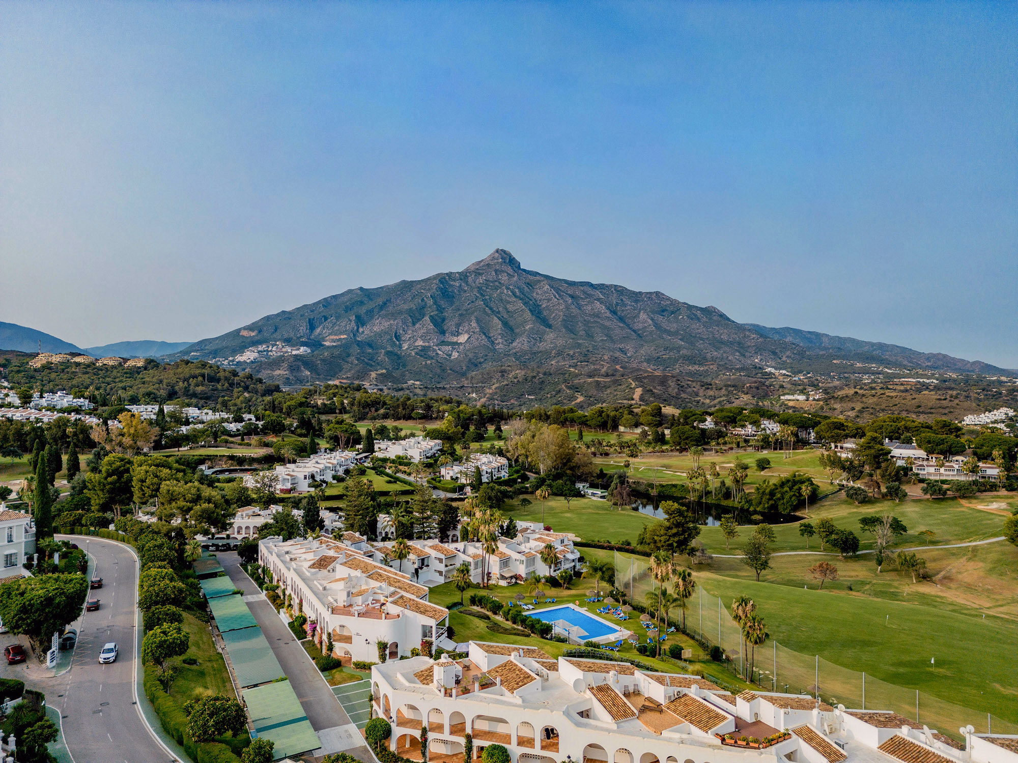 Sunbathing area on southwest-facing terrace of Casa Louneh in Aloha, Spain
