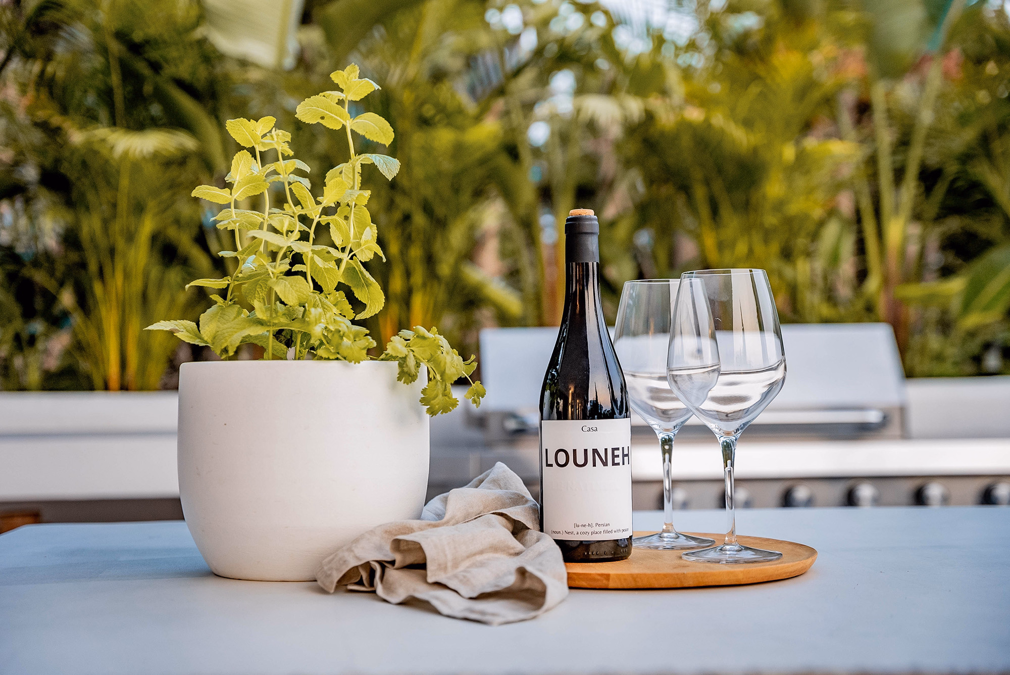 Sunbathing area on southwest-facing terrace of Casa Louneh in Aloha, Spain