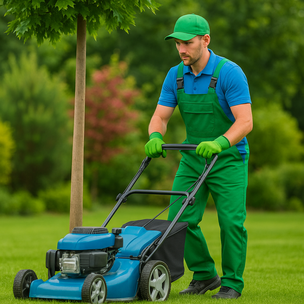 Gartenpflege Mönchengladbach Hausmeister mit Rasenmäher