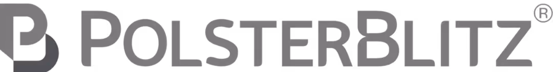PolsterBlitz Markenname mit stilisiertem P-Logo in Grau.