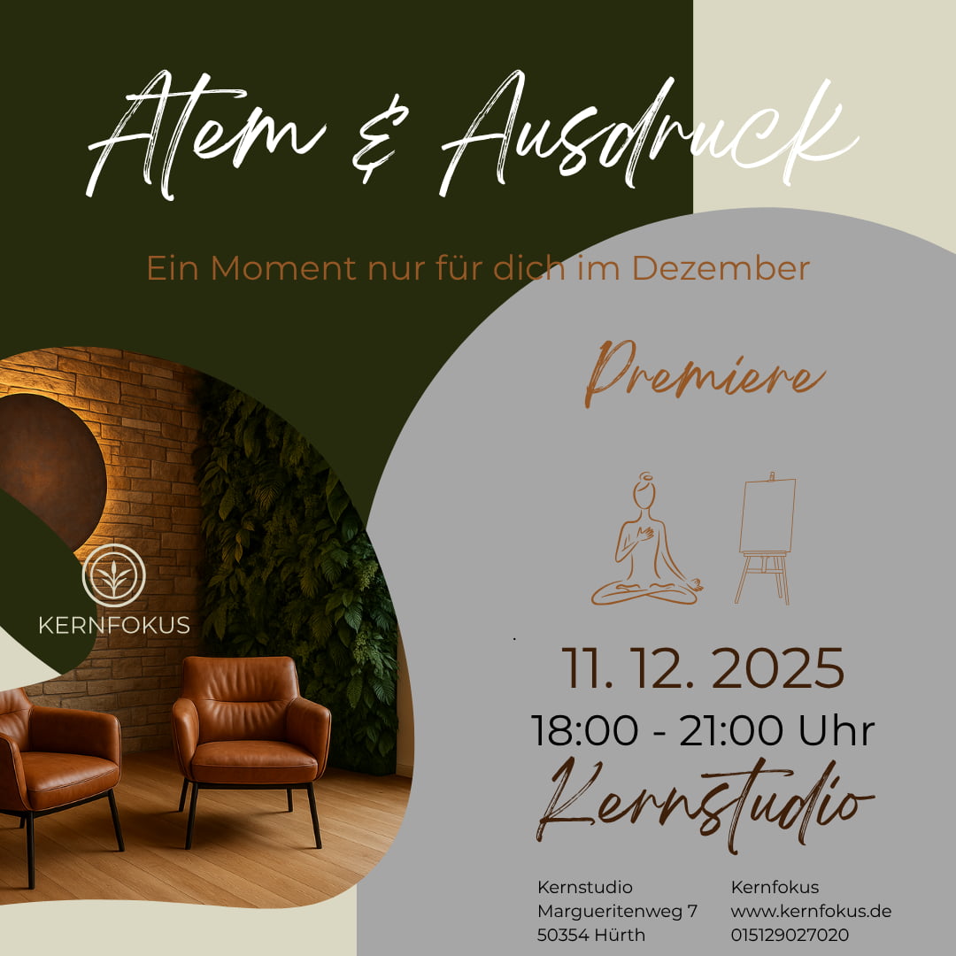 Flyer Event Atem & Ausdruck in Grün und Brauntönen mit Schrift. Breathwork bei Kernfokus