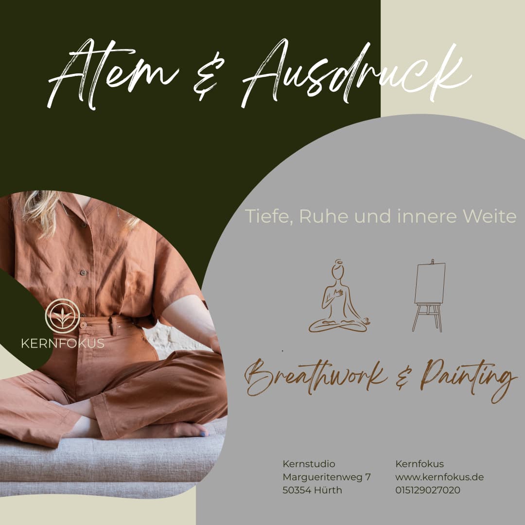 Flyer für Workshop in Grün, Rot und Grau. Breathwork & Painting bei Kernfokus