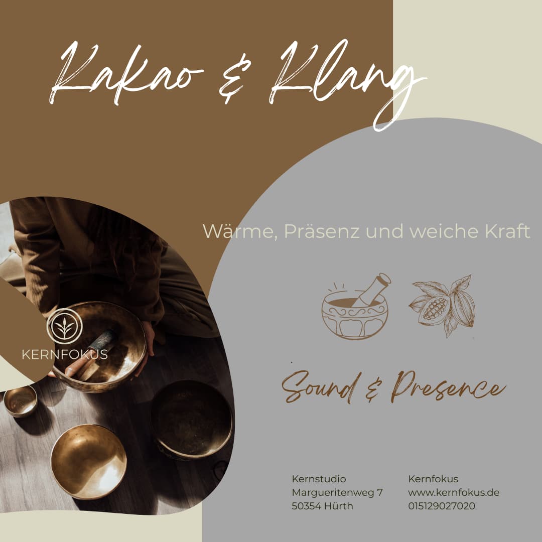 Flyer für Workshop in Beige, Braun und Grau. Sound & Presence bei Kernfokus