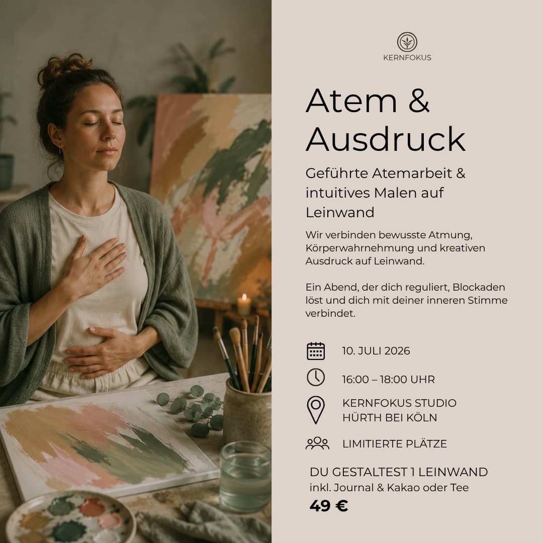 Atem- und Kreativworkshop im Kernfokus Studio mit Breathwork, Farben und intuitivem Ausdruck zur mentalen Entlastung und neuen Klarheit.